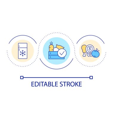 Sağlıklı gıda depolama döngüsü ikonu. Diyet için taze ürünler. Doğru tayın, soyut fikir ince çizgi çizimini seçin. İzole bir taslak çizim. Düzenlenebilir felç. Kullanılan Arial yazı tipi