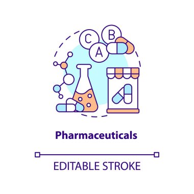 Eczacılık konsepti ikonu. Tıbbi üretim. Uyuşturucu üretimi soyut fikir ince çizgi çizimi. İzole bir taslak çizim. Düzenlenebilir felç. Arial, Myriad Pro-Kalın yazı tipleri kullan