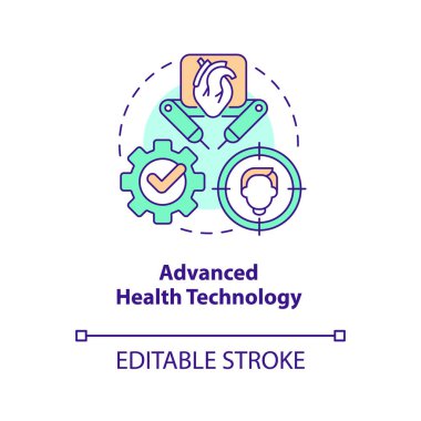 Gelişmiş sağlık teknolojisi konsepti ikonu. Sağlık hizmetlerinde rekabetçi avantaj soyut fikir ince çizgi çizimi. İzole bir taslak çizim. Düzenlenebilir felç. Arial, Myriad Pro-Kalın yazı tipleri kullan