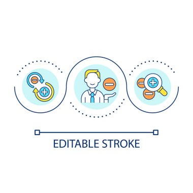 Avantajları ve dezavantajları analiz et döngü kavramı simgesi. Güçlü tarafına odaklan. Vurgulama soyut fikir ince çizgi illüstrasyonunu destekler. İzole bir taslak çizim. Düzenlenebilir felç. Arial yazı tipi kullanımı