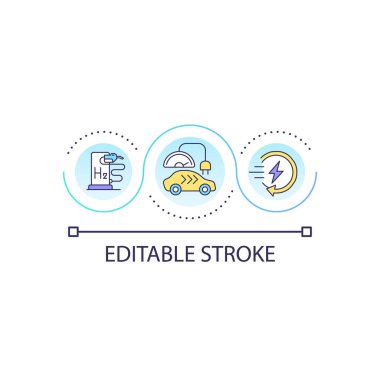 Hidrojen enerjili istasyon döngü konsepti ikonu. Alternatif enerji. Hidrojen yakıtlı araba avantajı soyut fikir ince çizgi çizimi. İzole bir taslak çizim. Düzenlenebilir felç. Kullanılan Arial yazı tipi