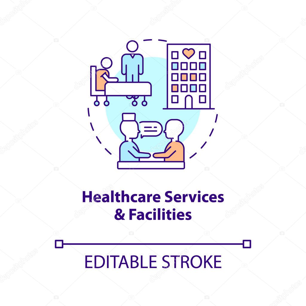 Healthcare services and facilities concept icon. Health system. Medical provider abstract idea thin line illustration. Isolated outline drawing. Editable stroke. Arial, Myriad Pro-Bold fonts use