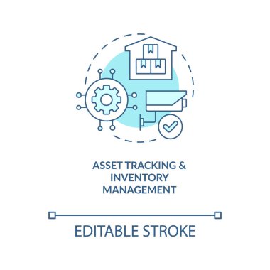 IoT teknolojileri turkuaz konsept simgesi. Mal varlığı takibi. Envanter yönetimi soyut fikir ince çizgi çizimi. İzole bir taslak çizim. Düzenlenebilir felç. Arial, Myriad Pro-Kalın yazı tipleri kullan