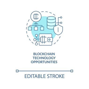 Engelleme teknolojisi fırsatları kavram simgesini turkuaz hale getiriyor. Kripto para birimi soyut fikir ince çizgi çizimi. İzole bir taslak çizim. Düzenlenebilir felç. Arial, Myriad Pro-Kalın yazı tipleri kullan
