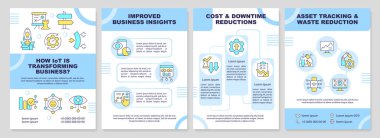 IOT işletmesi mavi broşürü etkiler. Dönüşüm. Çizgisel simgeli broşür tasarımı. Sunum için düzenlenebilir 4 vektör düzeni, yıllık raporlar. Arial-Black, Kullanılan Myriad Pro-Normal yazı tipleri