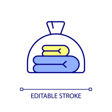 Kirli giysileri plastik paket RGB renk simgesine koy. Kirlenmiş maddeleri kullan. Nükleer saldırı devam ediyor. İzole vektör çizimi. Basit bir çizgi çizimi. Düzenlenebilir felç. Kullanılan Arial yazı tipi