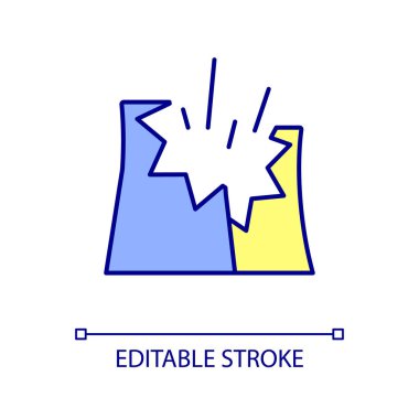 Nükleer santral RGB renk ikonunda kaza. Radyoaktif kirlenme tehlikesi. Teknik bir felaket. İzole vektör çizimi. Basit bir çizgi çizimi. Düzenlenebilir felç. Kullanılan Arial yazı tipi