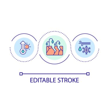 Kötü hava durumu döngü konsepti simgesi. Tarım işi riski. Çiftçilik sorunları. Küresel problemler soyut fikir ince çizgi çizimi. İzole bir taslak çizim. Düzenlenebilir felç. Kullanılan Arial yazı tipi