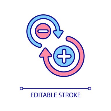 Tamamlayıcı avantajlar ve dezavantajlar RGB renk simgesi. Açığa çıkarma artıları ve eksileri. Pozitif olmak. İzole vektör çizimi. Basit bir çizgi çizimi. Düzenlenebilir felç. Kullanılan Arial yazı tipi