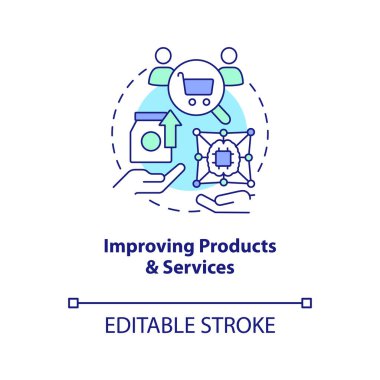 Ürünleri, hizmet konsepti simgesini geliştir. İşletme yararları. Müşteriler soyut fikir ince çizgi çizimi deneyimlerler. İzole bir taslak çizim. Düzenlenebilir felç. Arial, Myriad Pro-Kalın yazı tipleri kullan