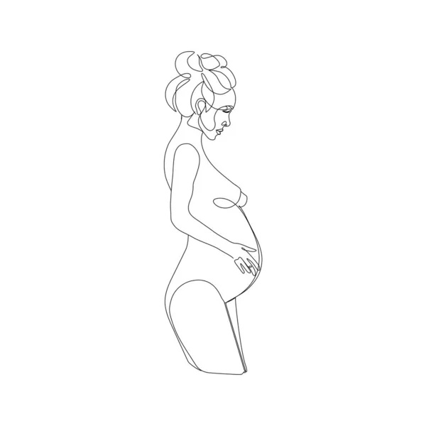 Gravid Kvinna Linje Ritning Vit Isolerad Bakgrund Vektorillustration — Stock vektor