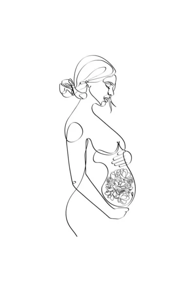 Pregnant Woman Flowers Female Body One Line Art Flower Woman — Stock Vector