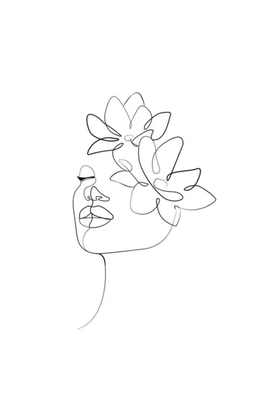 Abstract Face Flowers One Line Vector Drawing Portrait Minimalistic Style — Archivo Imágenes Vectoriales