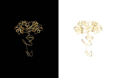 Bir çizgi vektör çizerek, çiçekli soyut yüz. Portre minimalist stil. Botanik parmak izi. Modern sürekli çizgi sanatı.