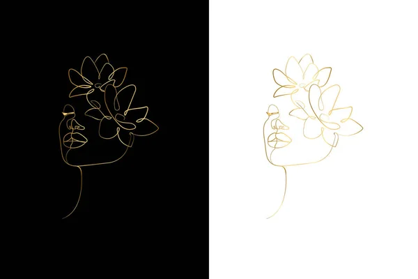 Abstract Face Flowers One Gold Line Vector Drawing Portrait Minimalistic — ストックベクタ