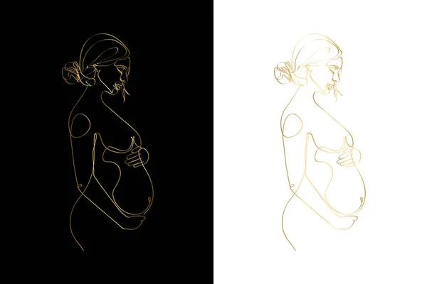 Pregnant Mom Gold Line Art Pregnancy One Line Drawing Printable — Vettoriale Stock