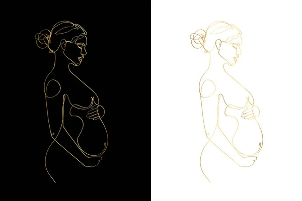 Pregnant Mom Gold Line Art Pregnancy One Line Drawing Printable — Stockvector