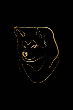 WithOneLine 'dan Akita Inu Sanat Posteri Yazdırma Aracı, Sevimli Köpek Yazdırma, Bir Altın Çizgi Çizimi, Siyah Arkaplan