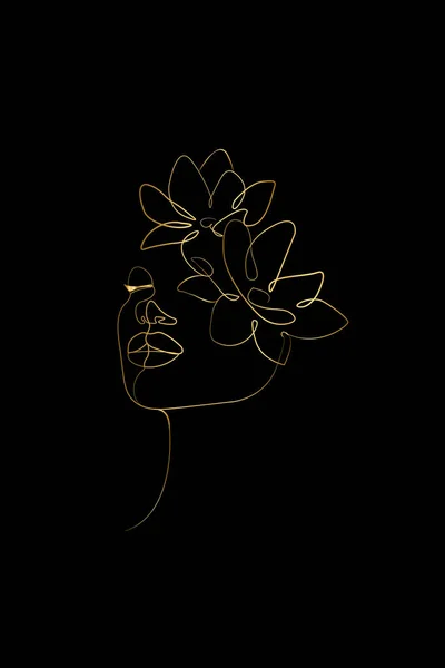 Abstract Face Flowers Gold One Line Vector Drawing Portrait Minimalistic — Stock Vector