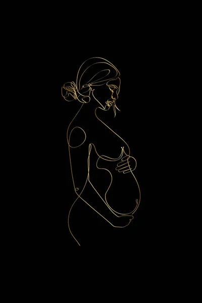 Беременная Мама Рисует Золотые Линии Беременность Одна Линия Рисунок Распечатка — стоковый вектор
