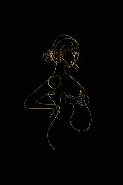 Pregnant Mom Gold Line Art Pregnancy One Line Drawing Printable — 图库矢量图片