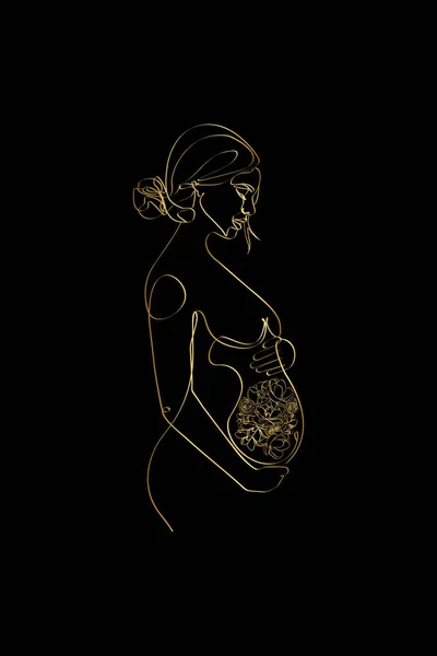 Pregnant Woman Flowers Female Body Gold One Line Art Flower — Stock Vector