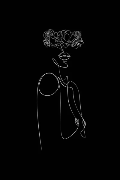 Abstract Face Flowers White One Line Vector Drawing Portrait Minimalistic — Archivo Imágenes Vectoriales