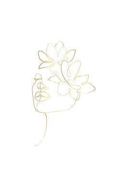 Abstract face with flowers by gold one line vector drawing. Portrait minimalistic style. Botanical print. Modern continuous line art.