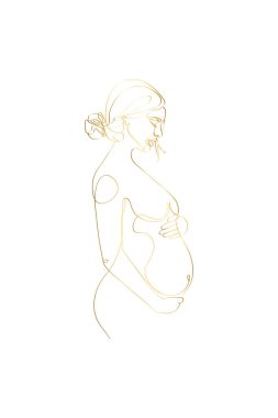 Pregnant mom gold line art, Pregnancy one line drawing, printable wall art, Nude woman body print, Belly female figure, Minimalist print