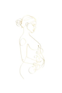 Pregnant mom gold line art, Pregnancy one line drawing, printable wall art, Nude woman body print, Belly female figure, Minimalist print