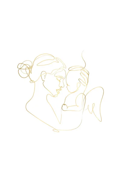 Mother Holding Baby Angel Print Printable Nursery Gold Line Art — 图库矢量图片