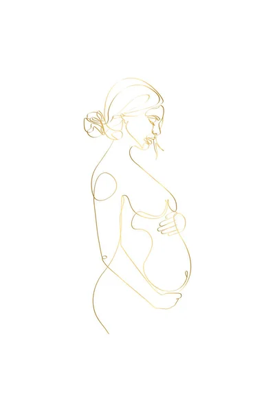 Pregnant Mom Gold Line Art Pregnancy One Line Drawing Printable — стоковый вектор