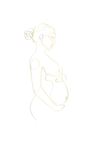 Беременная Мама Рисунок Золотой Линии Беременность Одна Линия Рисунок Распечатка — стоковый вектор