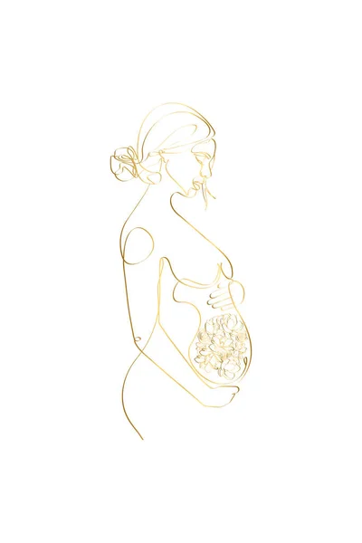 Pregnant Woman Flowers Female Body Gold One Line Art Flower — Stock vektor