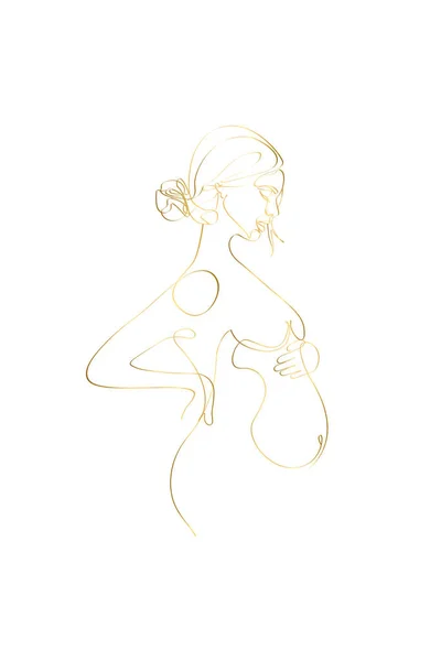 Pregnant Mom Gold Line Art Pregnancy One Line Drawing Printable — Stockvektor