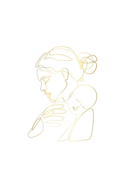 Mother Holding Baby Print Printable Nursery Gold Line Art Mother — 图库矢量图片