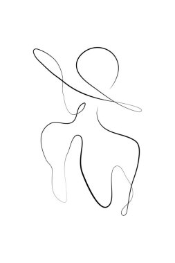 Woman face one line drawing. Elegant Female figure in hat printable art. Feminine beauty print Minimalist home decor. Abstract fashion artwork