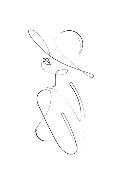 Woman Face One Line Drawing Elegant Female Figure Hat Printable — Vector de stock