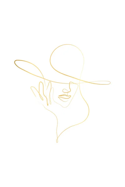 Woman Face One Line Drawing Elegant Female Figure Hat Printable — Stockvector