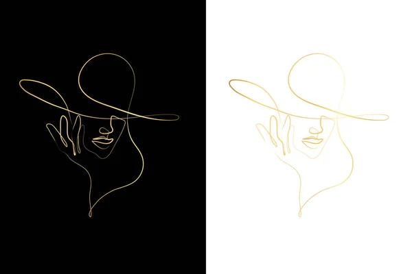 Woman Face One Line Drawing Elegant Female Figure Hat Printable — Vettoriale Stock