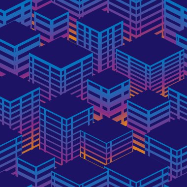 Kusursuz şehir şablonu. Isome Manzarası. Mor, mavi, pembe ve turuncu neon renkler. Gece şehri. Modern moda arka plan tasarımı. Vektör illüstrasyonu.