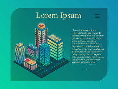 Neon izometrik vektör. Geleceğin şehrinin sunumu. Şehir bilgi grafikleri. Yazılı bir şehir görüntüsü