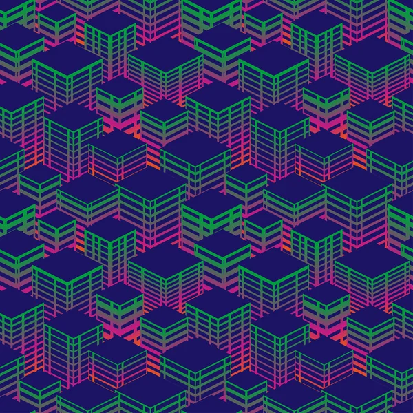 Naadloos Stedelijk Patroon Isometrische Kijk Groene Roze Neon Kleuren Nachtstad — Stockvector