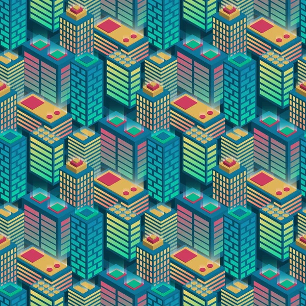 Bezproblémový Městský Vzor Izometrický Pohled Zelené Modré Neonové Barvy Noční — Stockový vektor