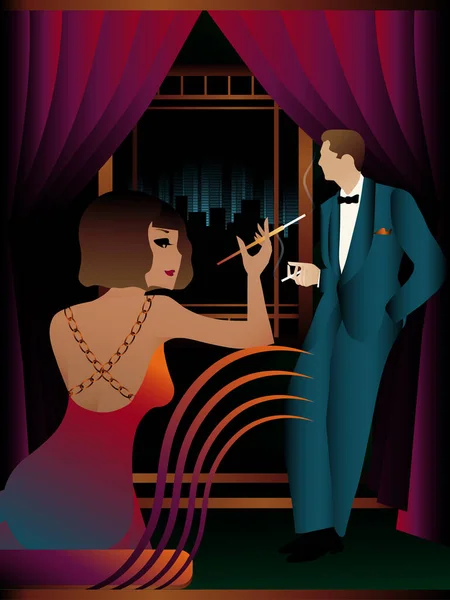 Mladá Žena Muž Kouří Cigarety Retro Styl Art Deco — Stockový vektor