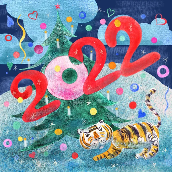 Watercolor Postcard Year Tiger Children Illustration Serve Good Gift Child — Stock Photo, Image