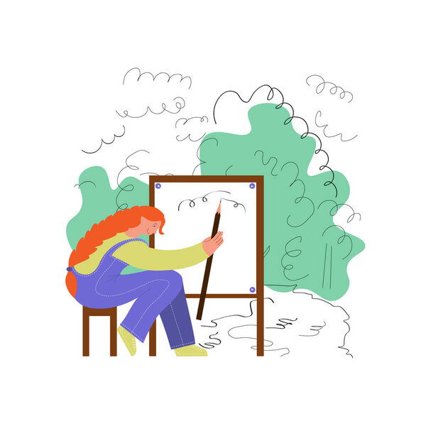 Женщина рисует на мольберте. Картина пейзаж под открытым небом