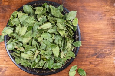 Yemek pişirmek için baharat - tepside kuru defne yaprakları yığını, üst görünüm, boşluk kopyala