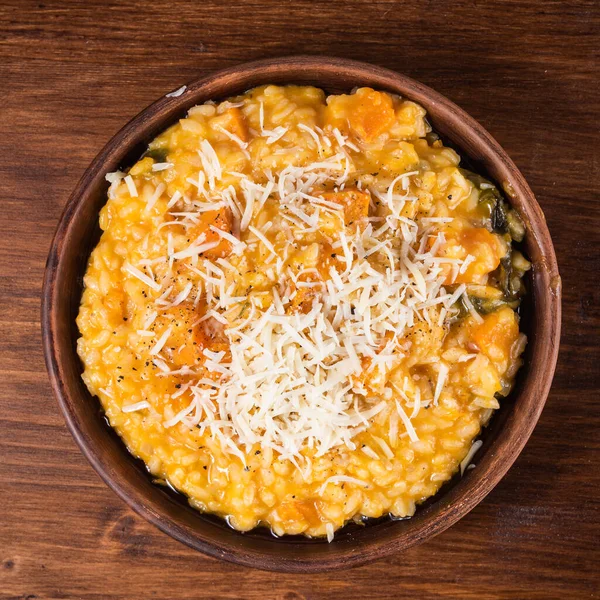 Risotto Pumpkin Plate Grated Parmesan Cheese Top View Стоковое Фото