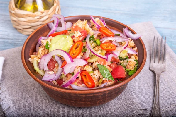 Schüssel Mit Veganem Italienischem Panzanella Salat Nahaufnahme — Stockfoto